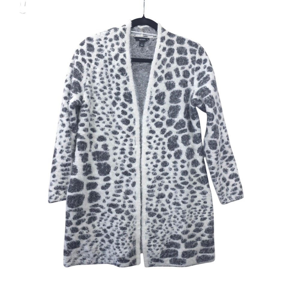 Alfani Womens S Animal Print Open Front Cardigan Black White Wool Eyelash Knit